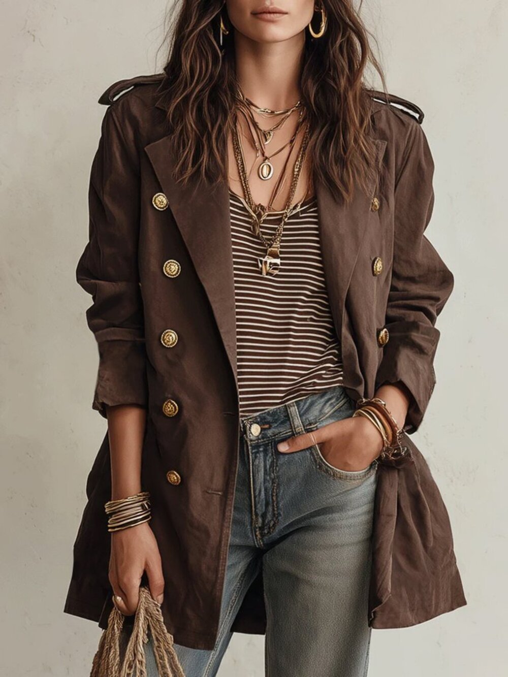 Brown Casual Women's Lapel Trench Coat